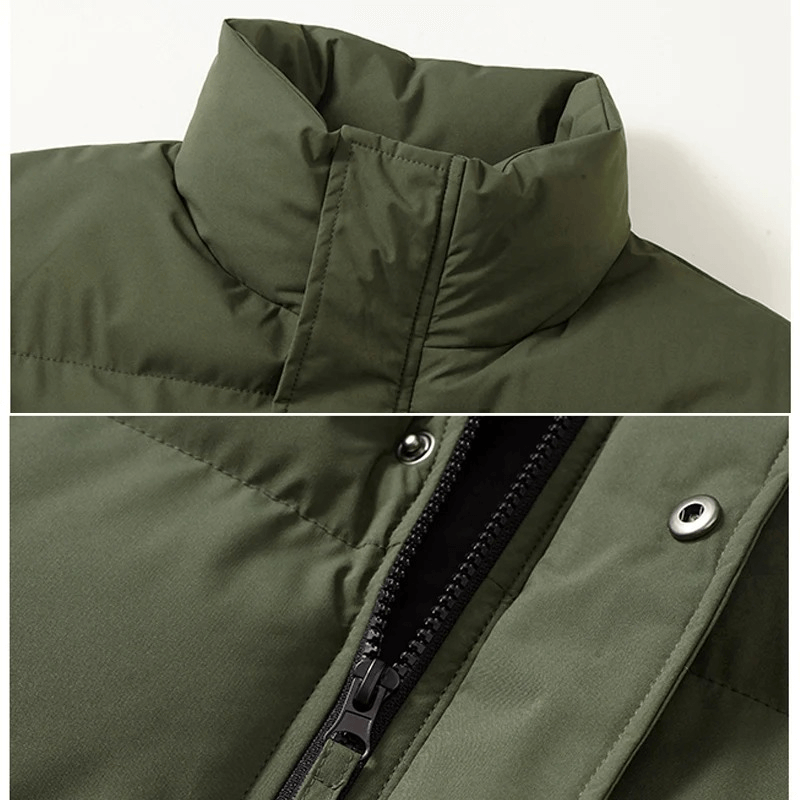 Close-up of warm casual men's vest showing the collar and zippered pocket detail; made of green polyester, SF1929.